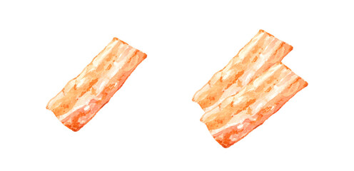 カリカリに焼いたベーコンのセット　手描き水彩イラスト素材