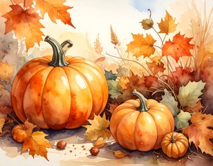 Two vibrant pumpkins rest amidst a tapestry of autumn leaves, bathed in warm sunlight, showcasing a beautiful autumnal scene.