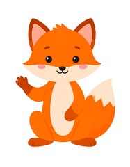Obraz premium A cheerful, cartoon fox character, orange in color, sits and waves with its right paw.
