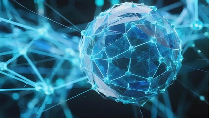 A glowing blue spherical network structure with interconnected nodes, set against a dark background with abstract web-like connections.