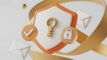 Golden key and lock icons on a shield with checkmark and envelope symbols, representing security and verification