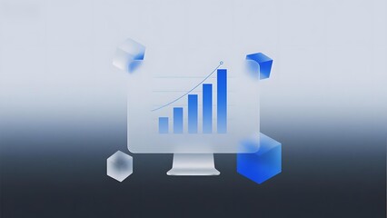 Digital bar chart displayed on a monitor with floating geometric shapes, symbolizing data growth and technology.