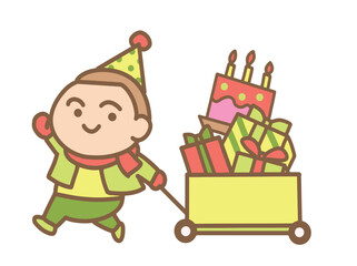 Fototapeta premium A boy pulling a cart full of gifts