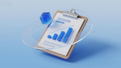 Clipboard with bar chart and floating cube on blue background