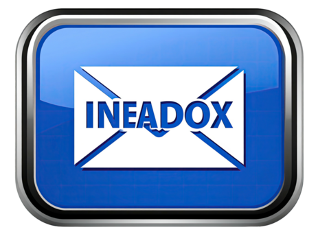Blue glossy button, rectangular shape, with a white envelope icon and the word INEADOX