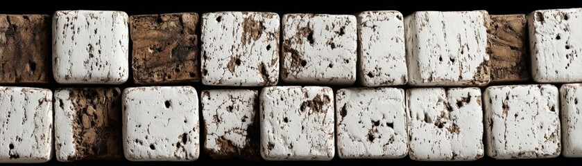 A close-up showcases an array of square beads with rustic textures and a mix of white and brown colors arranged in neat rows.