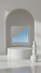 Obraz premium Minimalist display with bar graph on screen and white sculptural objects in a modern setting