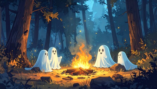 Four friendly ghosts gather around a campfire in a serene forest at night.