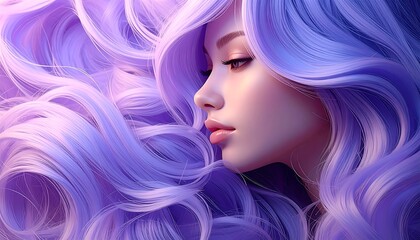 Fototapeta premium A vibrant portrait of a woman with voluminous, gorgeous purple hair, showcasing a captivating profile view and soft lighting.