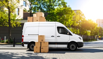 White van loaded with cardboard boxes parked on city street, sunny day