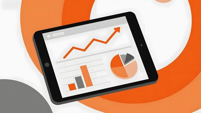 Digital tablet displaying financial charts with upward trend and pie graph on screen