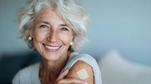 Happy Senior Woman with Vaccine Patch on Arm Smiling Confidently