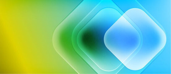 Abstract background features vibrant color gradients. Overlapping squares create luminous visual effect. Smooth transitions, modern design.