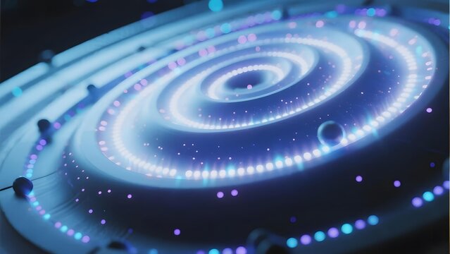 Abstract digital spiral with glowing concentric rings and floating particles in a futuristic design