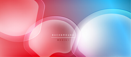 Abstract fluid shapes blend vibrant reds, blues, whites. Modern design creates dynamic visual experience. Smooth gradients offer soft aesthetic.
