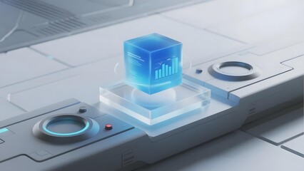 A glowing blue data cube displaying charts hovers above a futuristic platform with circular interfaces.