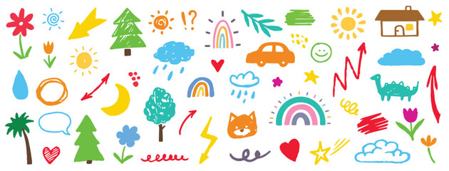 Cute kid flower, cloud, summer illustration. Hand drawn doodle sketch children cute vector school chalk background. Kids doodle crayon style line flower, cloud doodle pattern. Vector illustration


