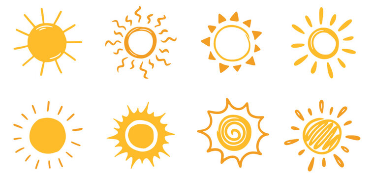 Doodle sun sketch illustration. Hand drawn cute yellow, orange sun set. Scribble doodle children drawn style. Vector illustration


