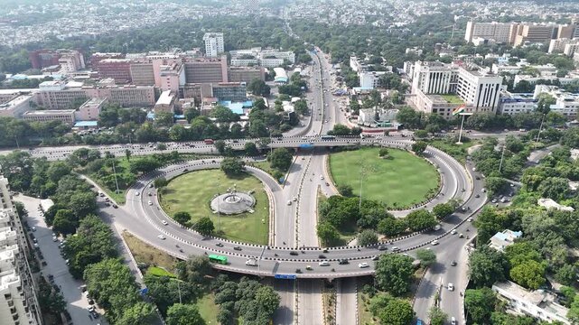 Aerial shot of the flyover with running traffic Near AIIMS New Delhi, India