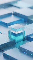 Abstract blue geometric cubes with glowing particles in a futuristic digital environment