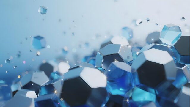 Abstract blue hexagonal crystals floating in a soft light background