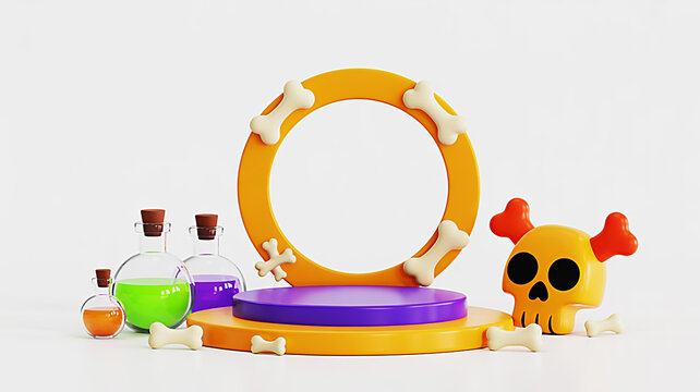 Spooky Halloween 3D render featuring a magical potion display, a bone-adorned circular frame, and a cartoon skull, perfect for festive product promotions and seasonal design mockups