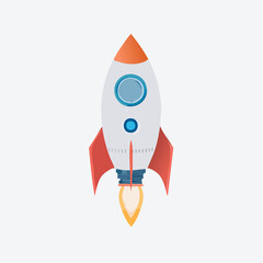 Kolorowa rakieta startująca w g&oacute;rę jako symbol innowacji, sukcesu, startup&oacute;w i technologicznego rozwoju
