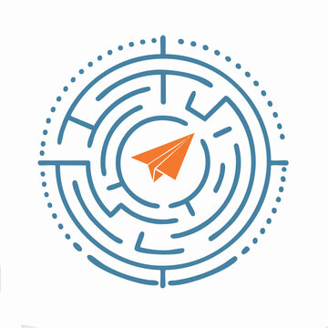 Pomarańczowy papierowy samolot w labiryncie jako metafora innowacji, kreatywnego myślenia i strategii biznesowej