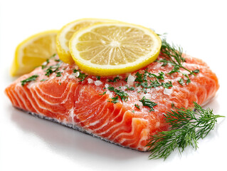 Slices Isolated And Salmon Dill Raw Fillet With Lemon