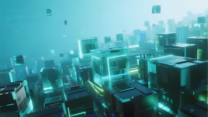 Futuristic cityscape with glowing cubic structures and neon lights in a hazy atmosphere