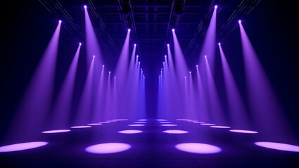 An empty theater stage illuminated by a series of bright purple spotlights creating a dramatic and atmospheric effect on the floor revealing a clean and empty performance space ready for action