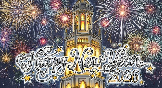 A festive illustration celebrating New Year 2026, featuring a brightly lit clock tower, colorful fireworks exploding in the night sky, and a cheerful "Happy New Year 2026" message in decorative letter
