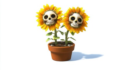 Obraz premium Halloween Cartoon Face Sunflower Pot Illustration, Whimsical Plant Container with Expressive Design for Holiday Decor and Gardening Themes 