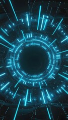 Futuristic circular tunnel with glowing blue neon lights and digital patterns
