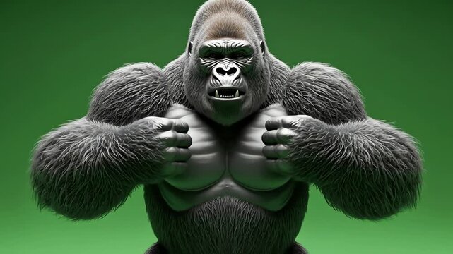 A powerful gorilla roars with its mouth open, showcasing its muscular physique