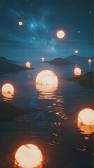 Glowing orbs float on a calm water surface under a starry night sky with distant mountains.