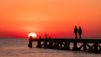 Silhouetted couple strolls on weathered wooden pier during sunset with orange sky vista