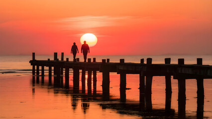 Tranquil twilight stroll two figures venture along wooden pier bathed warm glow sunset horizon