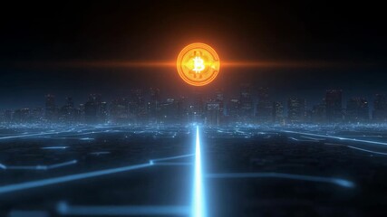 Stunning digital cityscape with illuminated cryptocurrency symbol glowing above skyline at night - Powered by Adobe