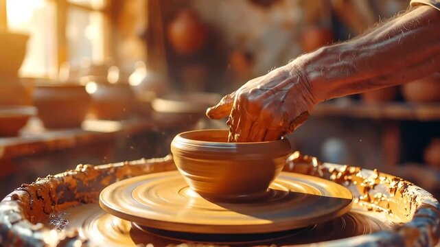 Pottery Wheel: Hand Shaping Clay Bowl