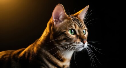 Fototapeta premium Majestic Bengal Cat with Striking Green Eyes and Golden Light