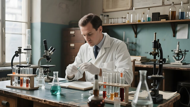 Vintage laboratory scene featuring a dedicated scientist amidst test tubes and microscopes