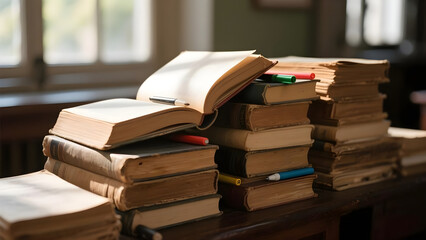Pile of aged books and colorful writing tools on the table illuminated by natural light source
