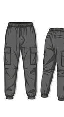 Technical drawing of grey cargo pants from front and back view