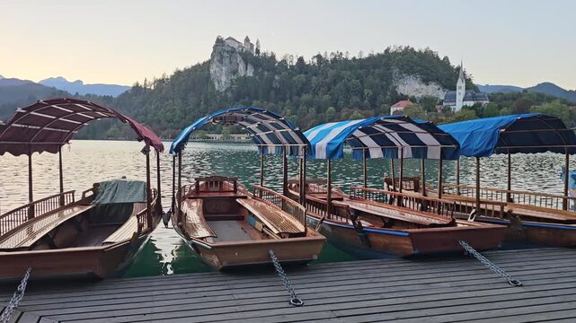  bled lake with boats at sunset in slovenia video