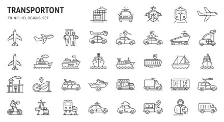 Diverse transport icons set showcasing airplanes, cars, trains, ships, and bicycles for modern logistics and travel concepts