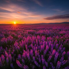 Obraz premium Vast Field of Purple Lupine Flowers Under a Dramatic Sunset Sky Illuminating the Horizon