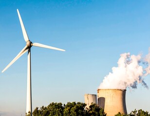 Wind turbine and power plant against a clear sky