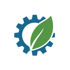 A green leaf inside a blue gear symbolizes eco friendly technology solutions