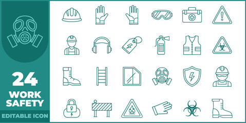 Work Safety modern line icon set. Vector pictograms of helmets, gloves, warning signs, safe equipment, and hazard prevention thin linear illustration.